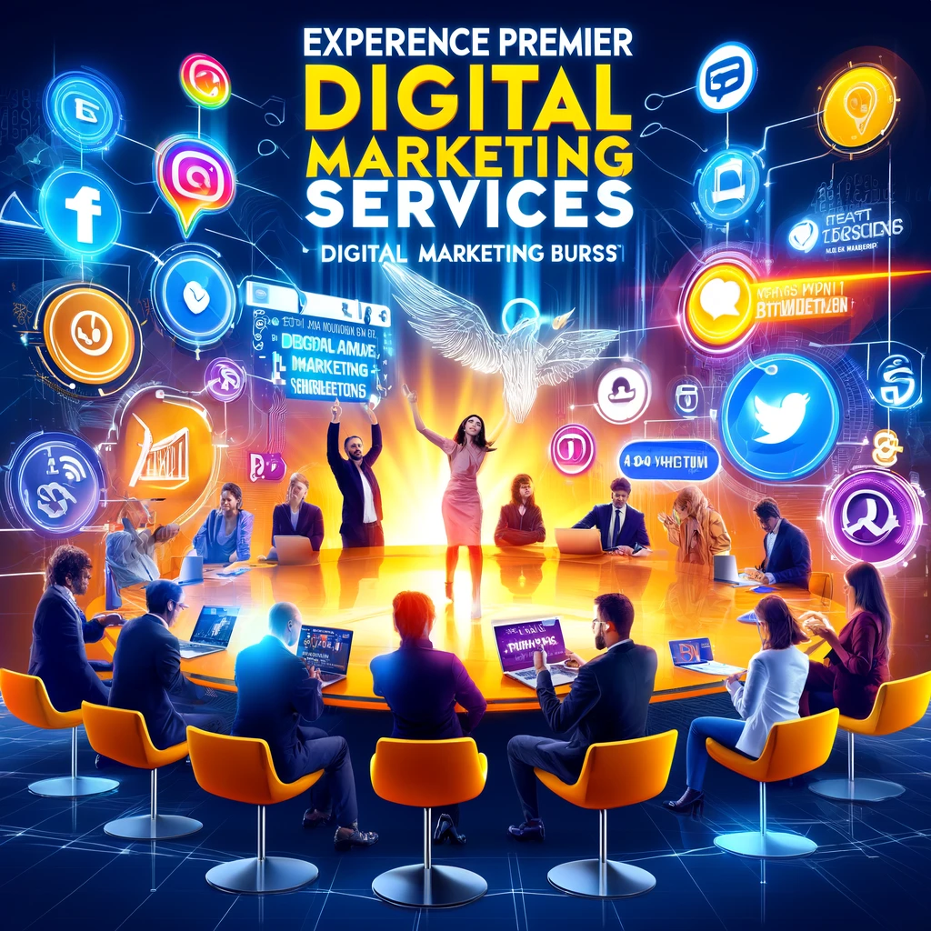 Diverse people enthusiastically engaging with digital marketing strategies with the headline 'Experience Premier Digital Marketing Services with Digital Marketing Burst: Best Digital Marketing Company in Lucknow' and prominently displaying 'Best Digital Marketing Company in Lucknow'.