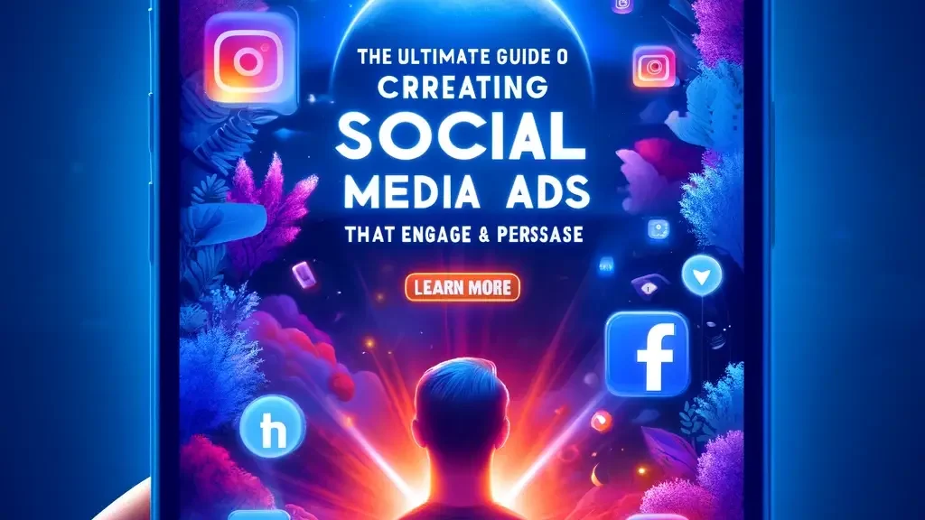 "Colorful illustration on a smartphone screen featuring a man observing engaging social media ads with icons from Instagram, Facebook, and Twitter glowing brightly."