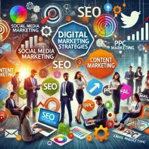 Attractive digital marketing strategies for Indian startups with vibrant icons representing social media marketing, SEO, content marketing, PPC advertising, and email marketing