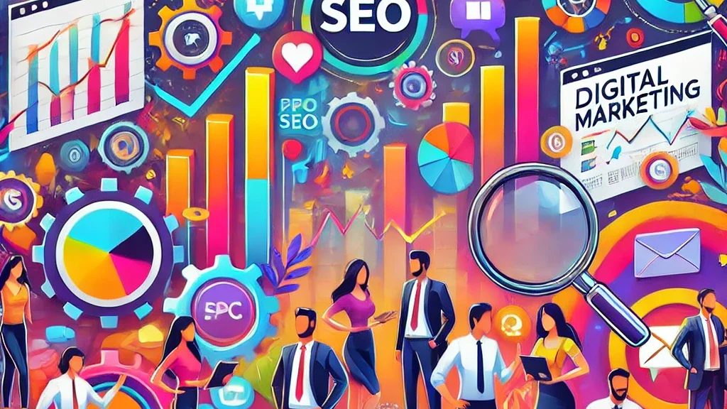 Engaging thumbnail image for digital marketing strategies for Indian startups featuring colorful charts, icons, and professionals collaborating