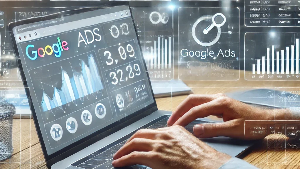 Digital marketer working on Google Ads dashboard with SEO, PPC, and online advertising charts