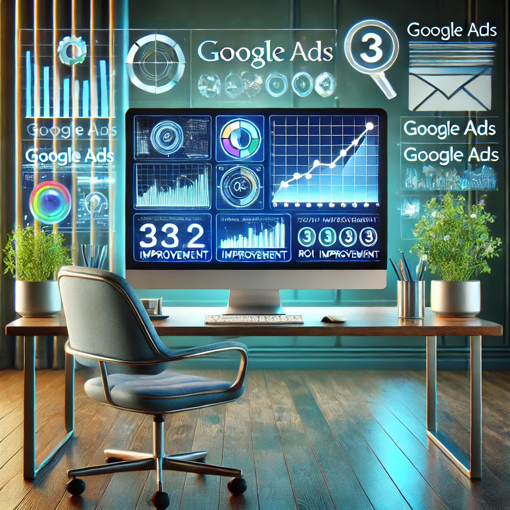 Professional workspace displaying Google Ads campaign management and optimization tools, highlighting targeting, ROI improvement, and strategies