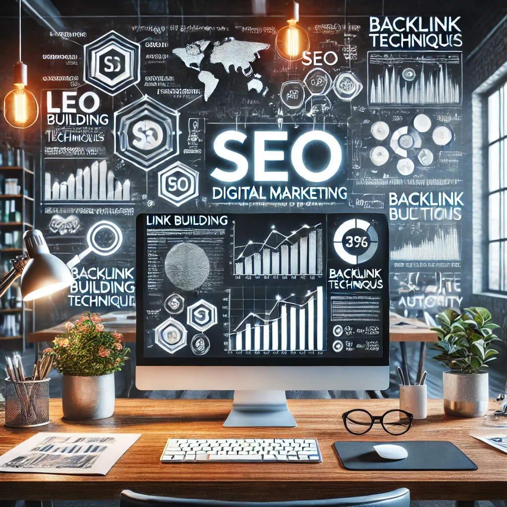 Modern digital marketing workspace with backlink building techniques for SEO growth