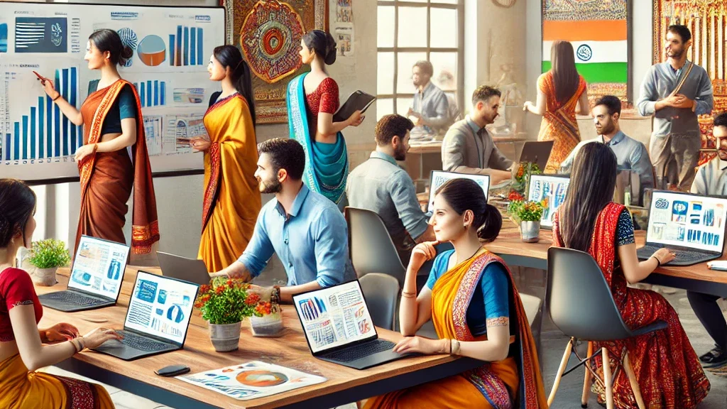 Indian digital marketing office with employees in traditional attire like sarees and pant-shirts collaborating