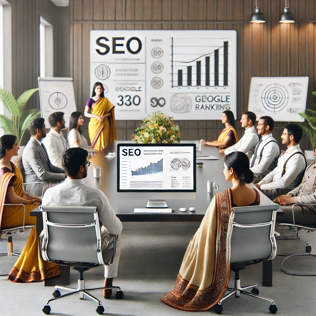 "Professional digital marketing office showcasing SEO techniques for better ranking, on-page SEO techniques, and Google ranking strategies for 2025."