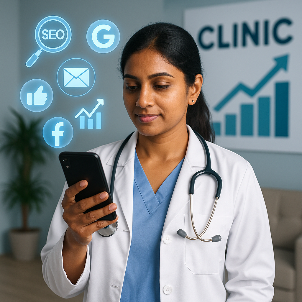 Indian doctor exploring digital marketing for clinics, using SEO, Google Ads, and patient lead growth strategies