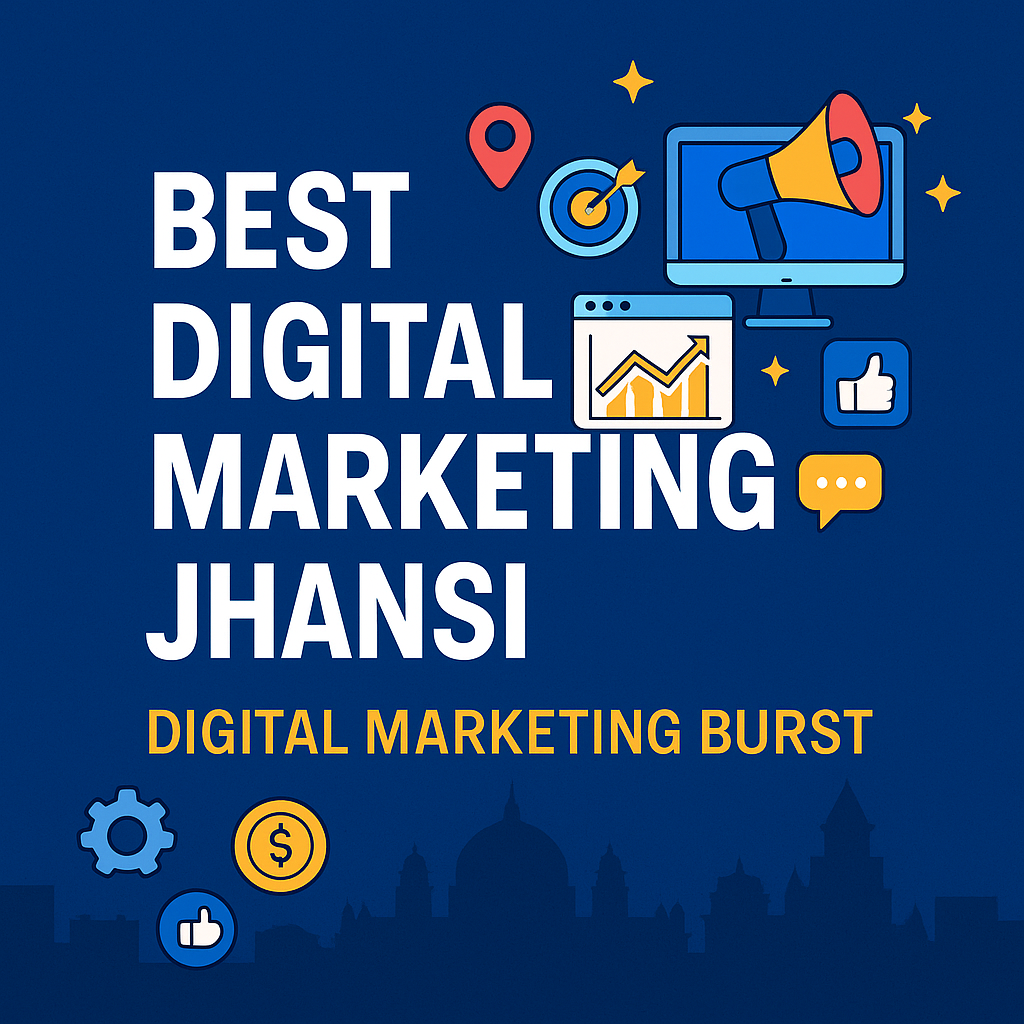 Best Digital Marketing Jhansi – Digital Marketing Burst Best digital marketing Jhansi by Digital Marketing Burst with city view and marketing icons