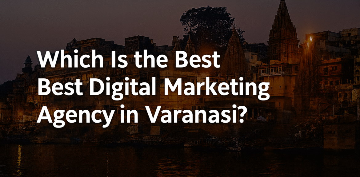Varanasi ghats sunrise with digital marketing icons – best digital marketing agency in Varanasi