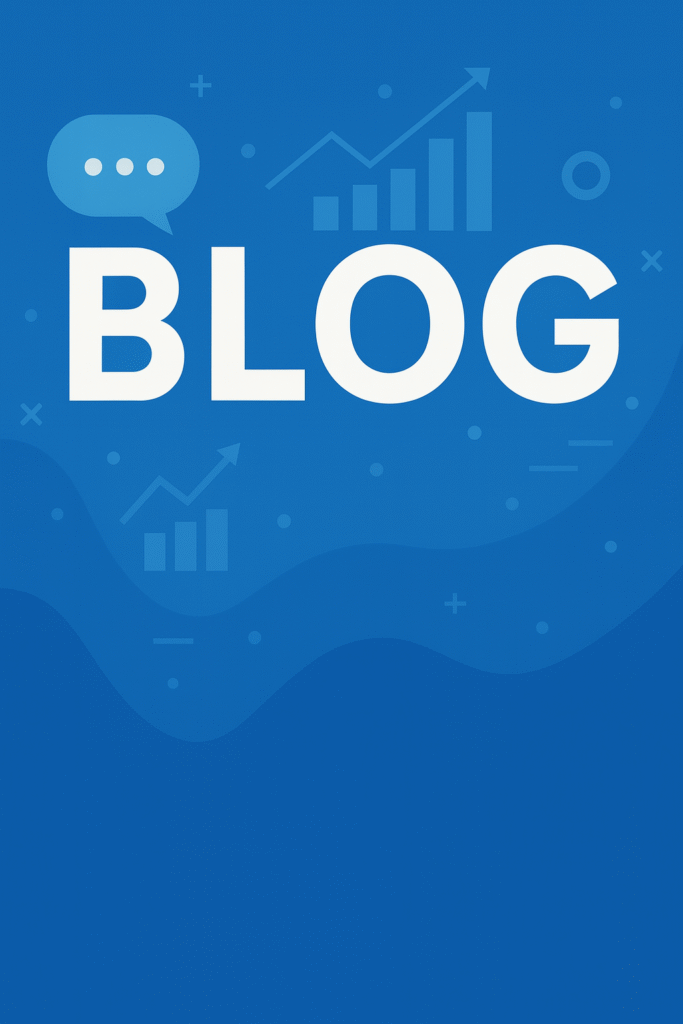 "Blue graphic background with the word BLOG in bold white letters, accompanied by digital icons like a chat bubble and bar chart."