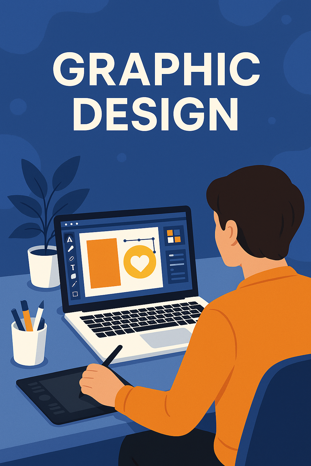 Graphic designer working on a laptop and tablet with design software open, creating a heart and layout elements, set in a creative blue-toned workspace