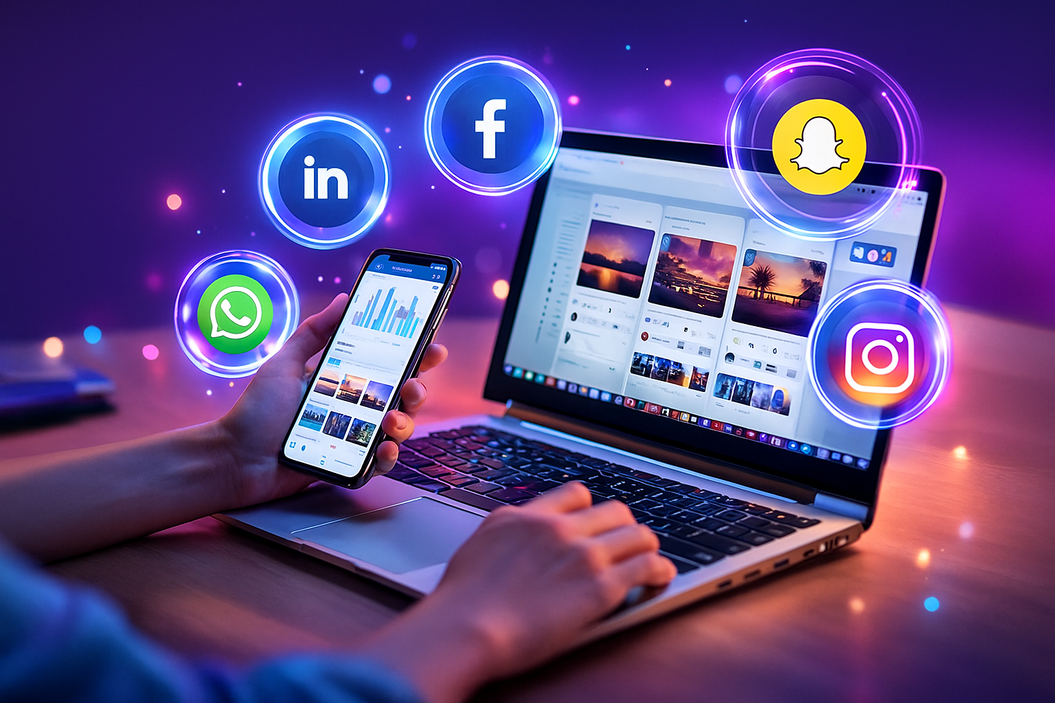 "Modern digital concept of social media marketing featuring hands using a smartphone and laptop surrounded by glowing icons of Instagram, Facebook, WhatsApp, LinkedIn, and Snapchat."