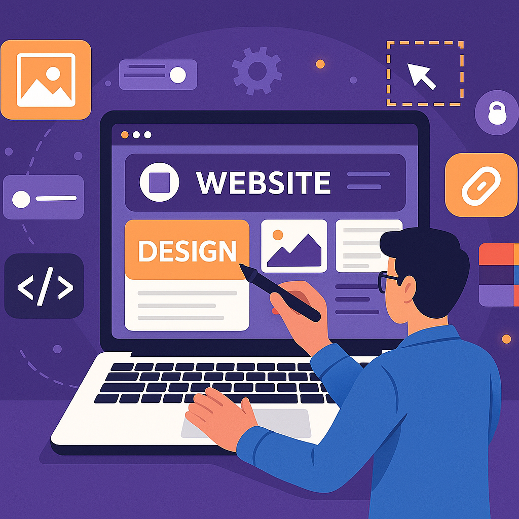 "Illustration of a web designer using a stylus on a laptop screen displaying a colorful website interface with icons, images, and layout blocks."