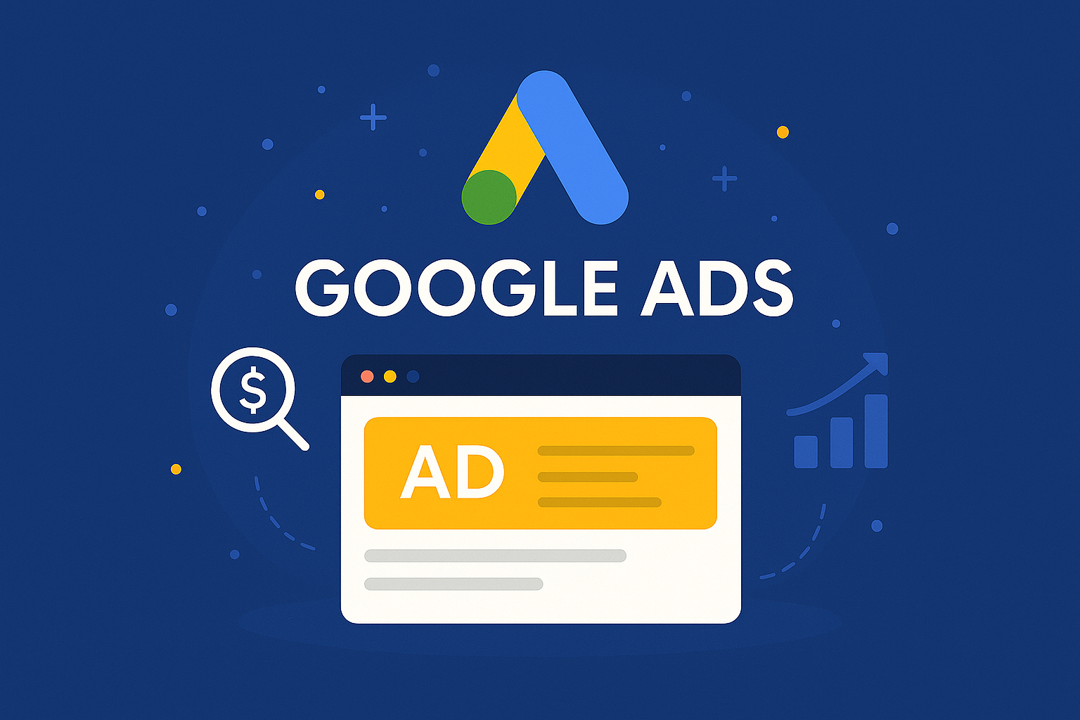 "Illustration of Google Ads with the Google logo, a website browser window showing an ad banner, and icons for analytics and pay-per-click on a blue background."