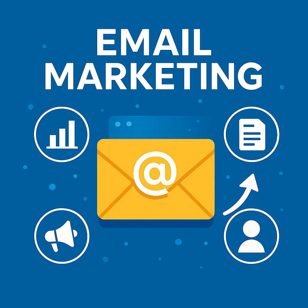 Flat-style illustration showing a large yellow email envelope with an '@' symbol, surrounded by icons for analytics, megaphone, content, and user on a blue background labeled 'Email Marketing'.