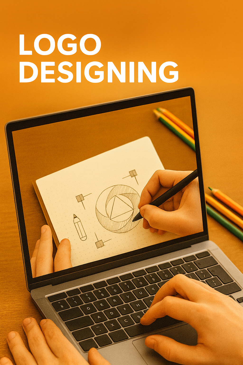 "Hands working on a laptop showing a logo sketching scene on screen, with colored pencils, a yellow ruler, and the text 'Logo Designing' above on a warm orange background."