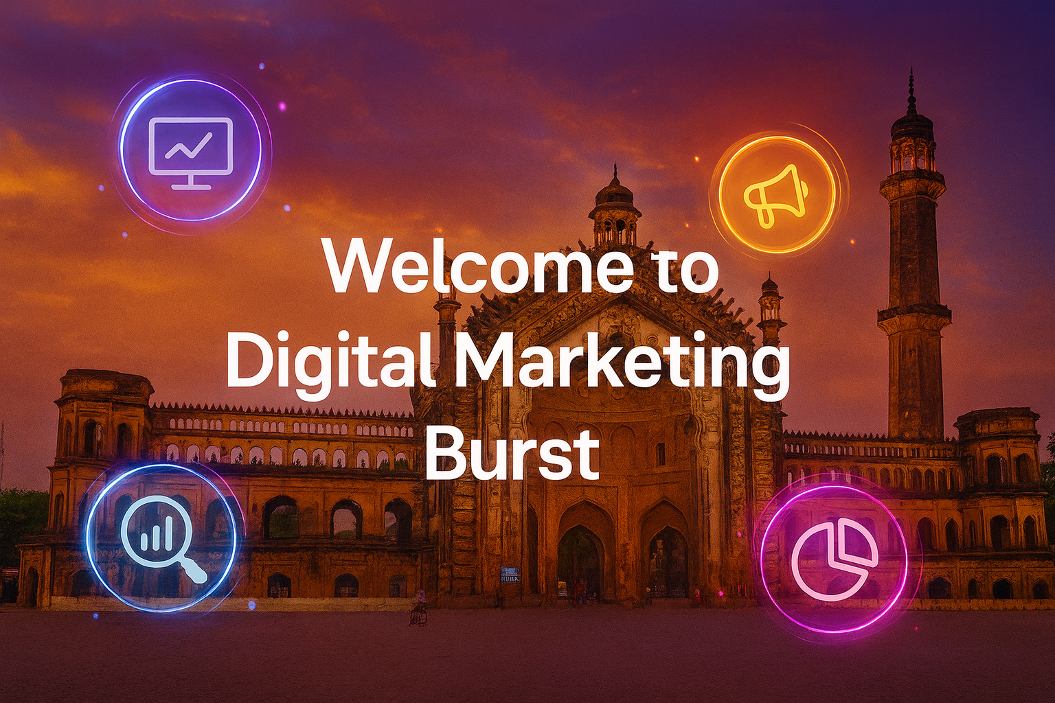 "Eye-catching homepage design showing Lucknow’s Rumi Darwaza at dusk, enhanced with glowing digital marketing icons and the welcoming message 'Welcome to Digital Marketing Burst.'"