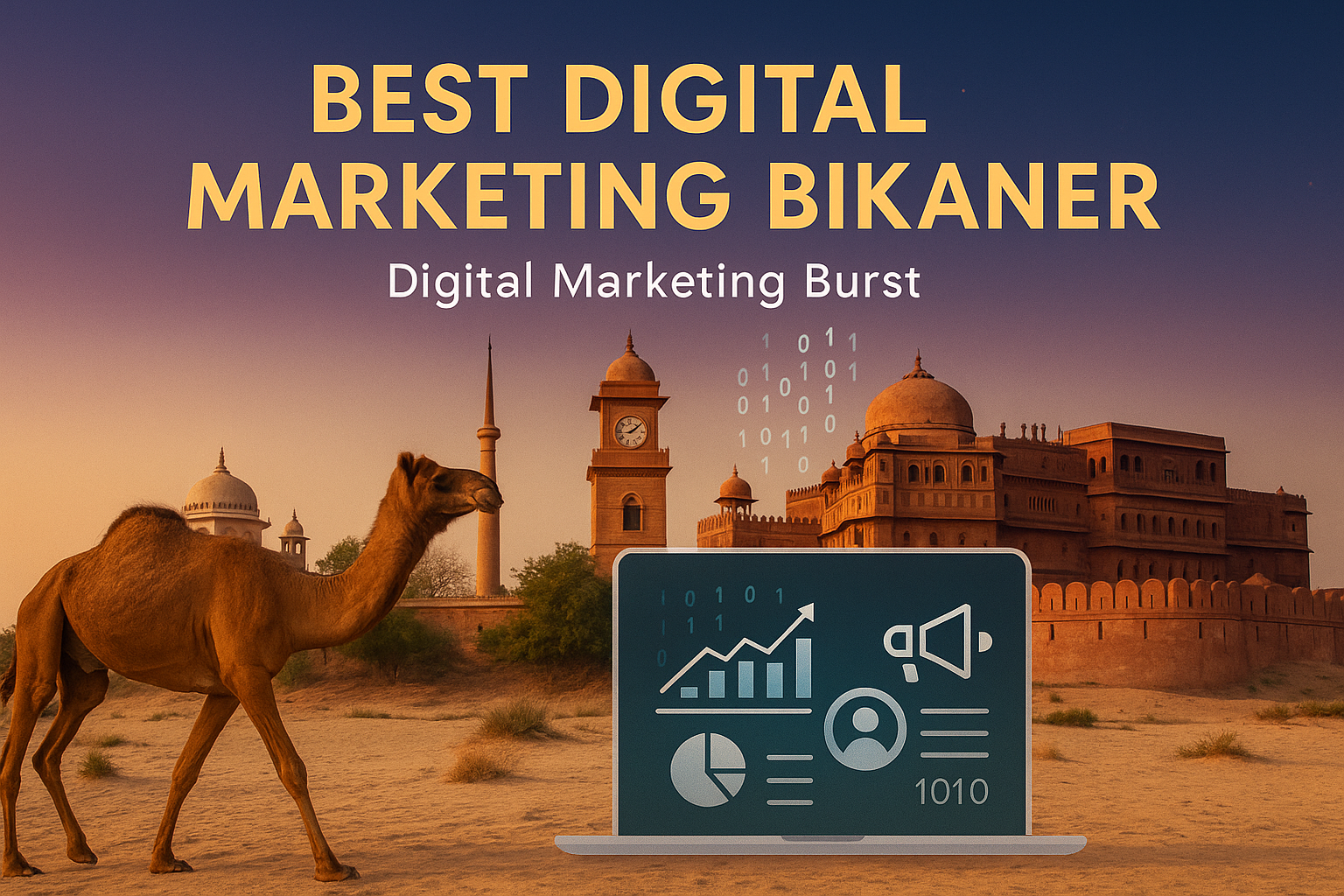 Best Digital Marketing Company in Bikaner 2025 – Digital Marketing Burst best digital marketing Bikaner desert camel skyline digital marketing burst illustration