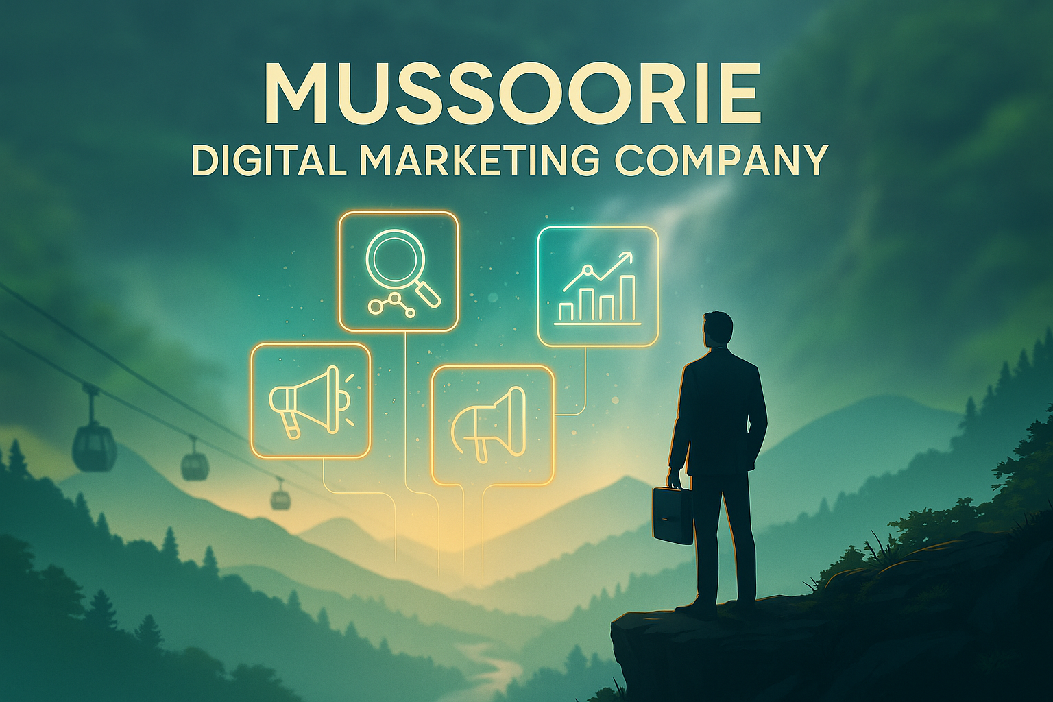 Mussoorie digital marketing company futuristic mountain illustration with marketing icons