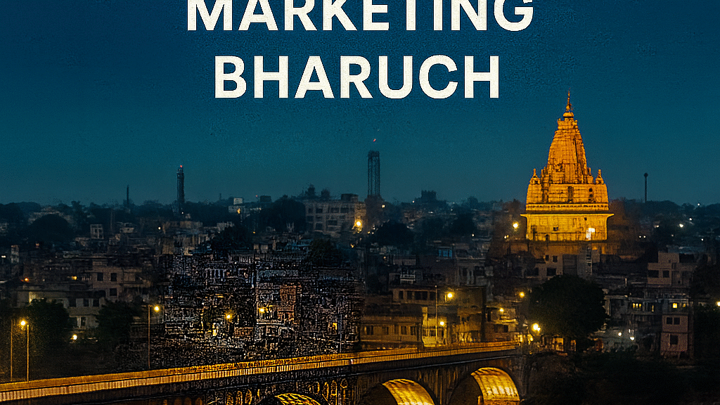 Best digital marketing Bharuch image showing Digital Marketing Burst and top marketing agency visuals with Bharuch city and temple background