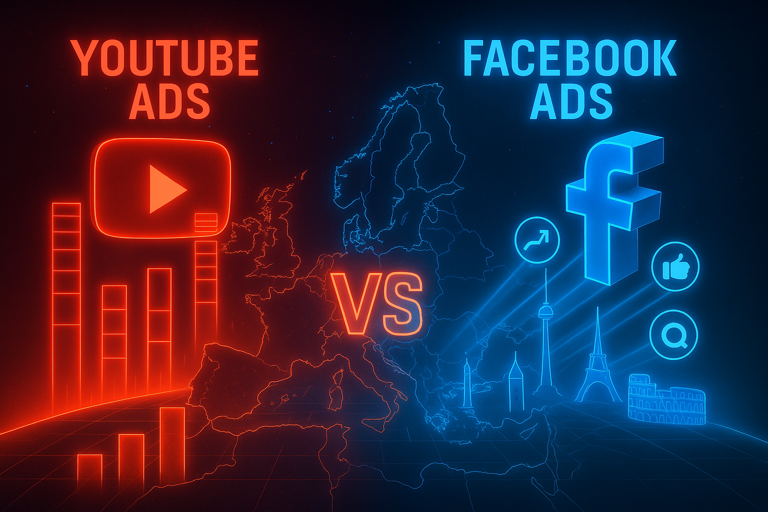 YouTube Ads vs Facebook Ads in Europe Conversion Battle 2025 YouTube Ads vs Facebook ads comparison with Europe data clash showing YouTube advertising cost Europe and Facebook ads conversion Europe 2025 battle