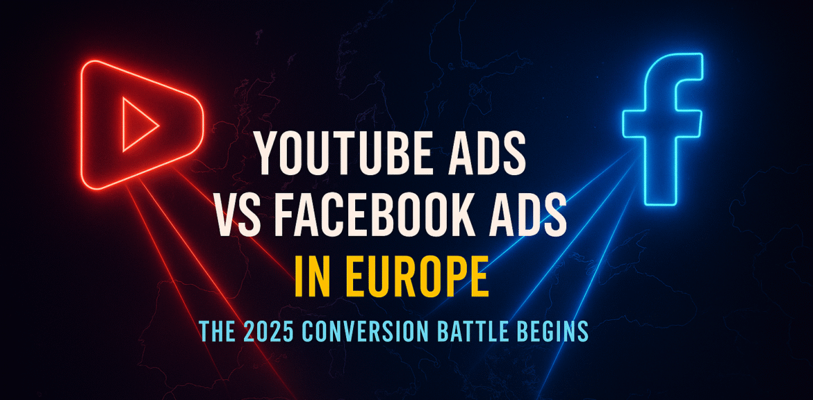 YouTube Ads vs Facebook Ads in Europe futuristic thumbnail showing YouTube Ads vs Facebook ads comparison with Europe map and suspense digital clash
