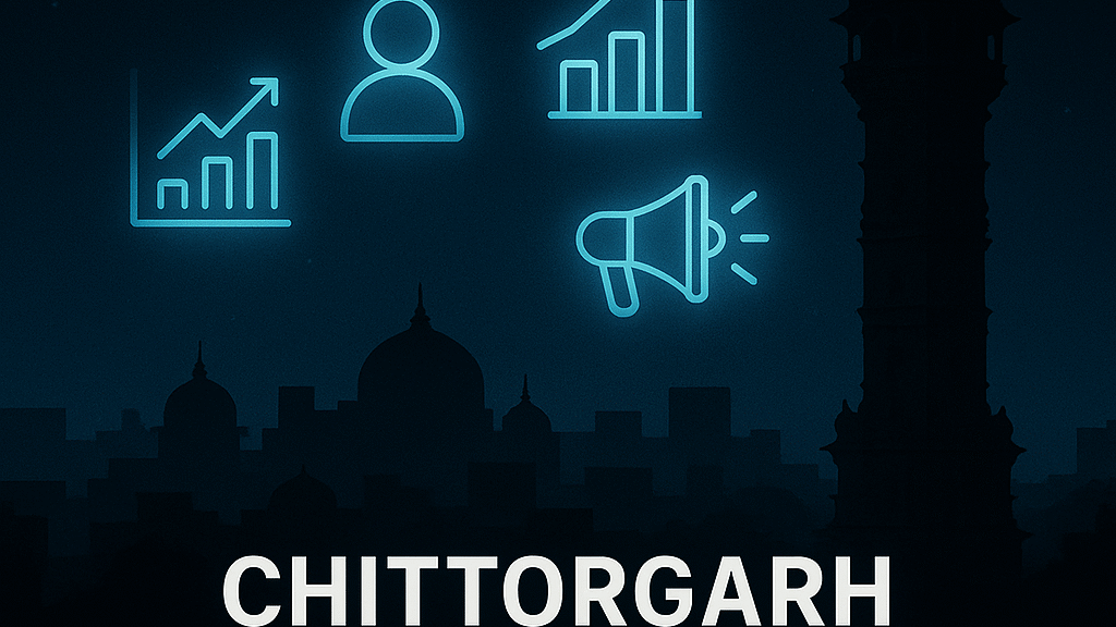 Chittorgarh digital marketing company futuristic skyline with glowing marketing icons