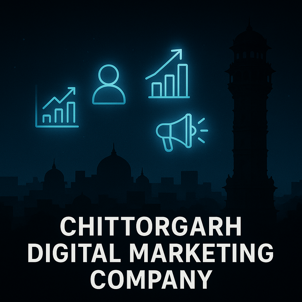 Chittorgarh digital marketing company futuristic skyline with glowing marketing icons