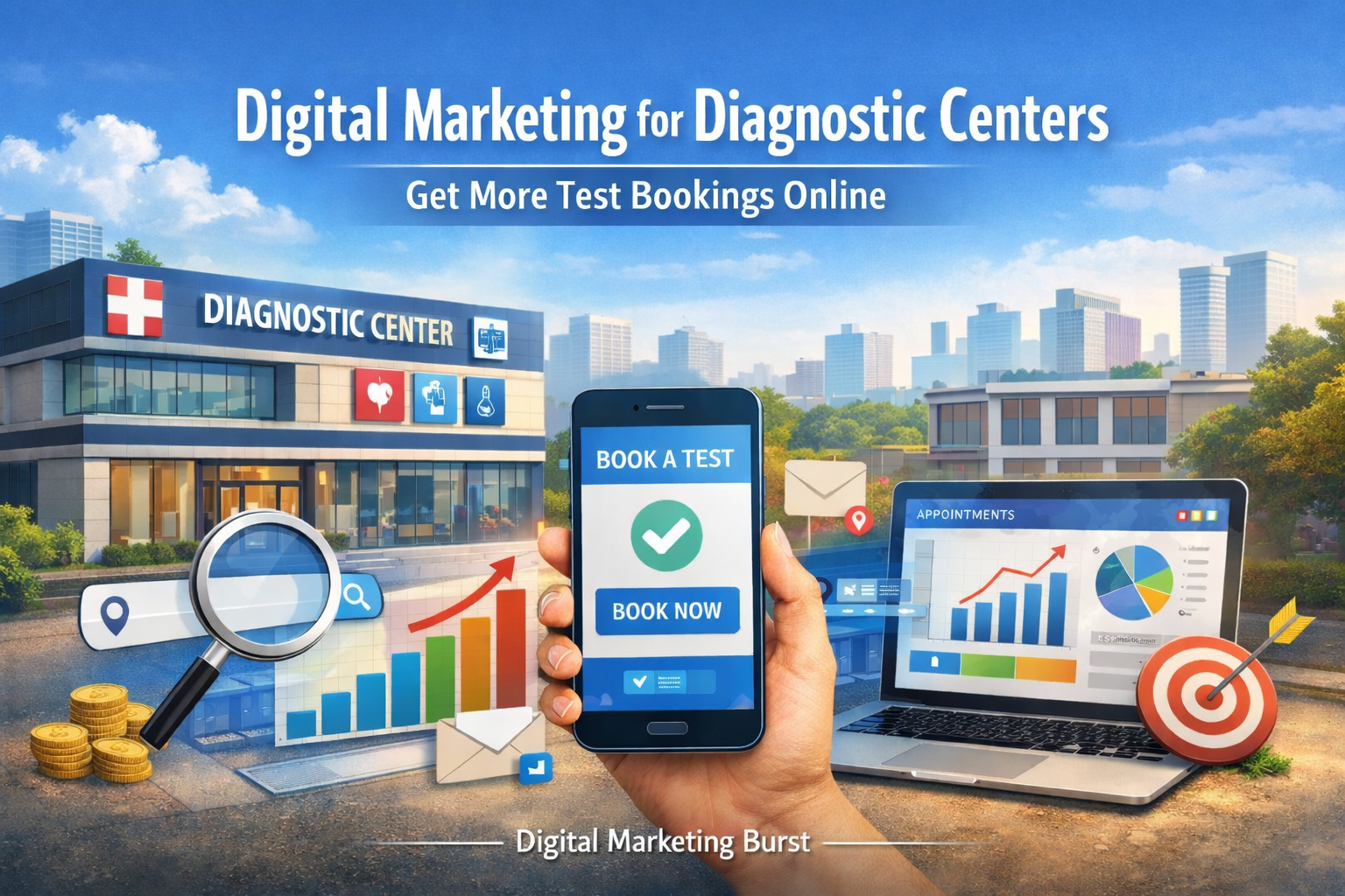 Digital marketing for diagnostic centers showing online test booking and patient growth