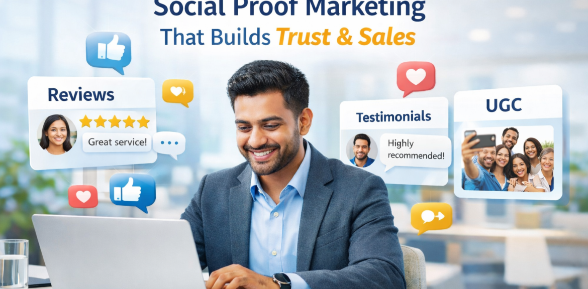 social proof marketing strategy showing how customer reviews increase sales, testimonials build brand trust, and online reviews influence buying