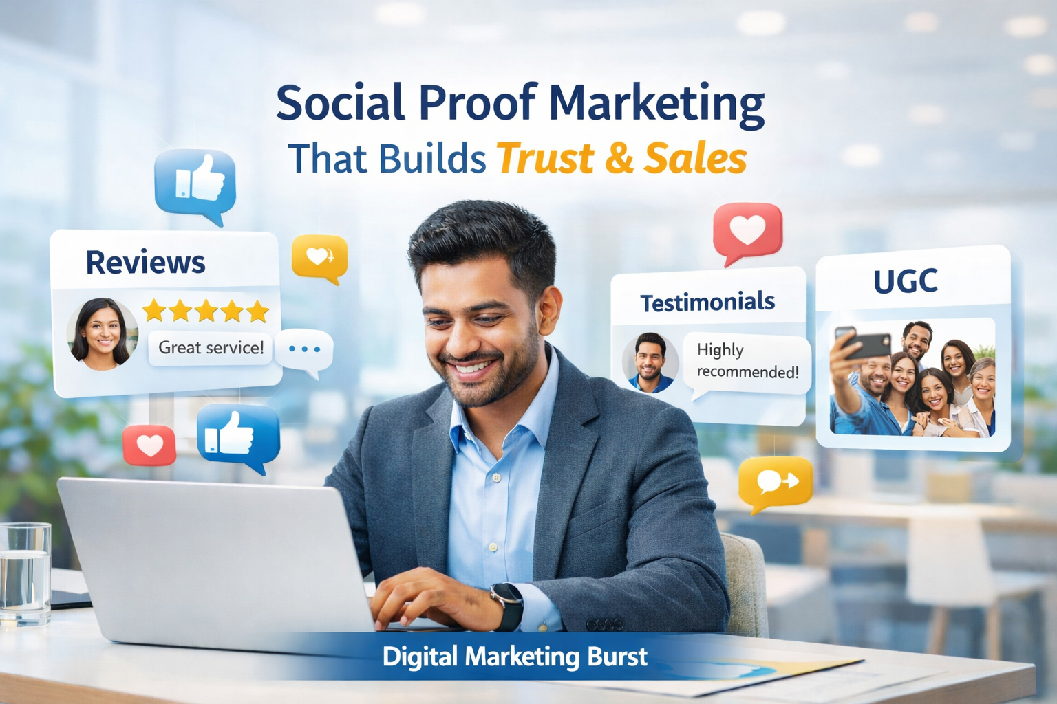 Social Proof Marketing Strategy Using Reviews Testimonials UGC – Digital Marketing Burst social proof marketing strategy showing how customer reviews increase sales, testimonials build brand trust, and online reviews influence buying
