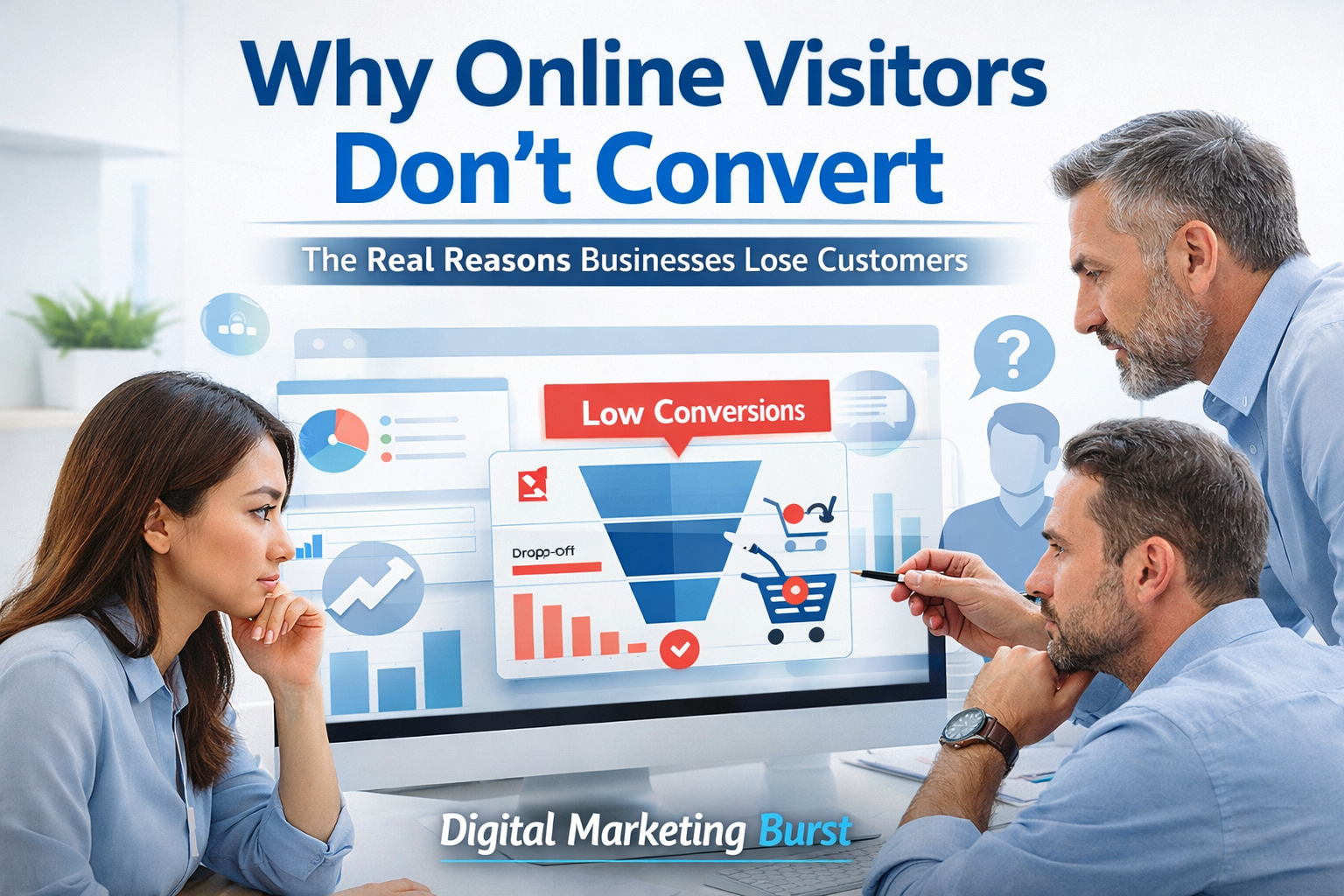Why Businesses Struggle to Convert Online Visitors into Real Customers – Digital Marketing Burst Why businesses struggle to convert online visitors into real customers due to low trust, poor user experience, and unclear conversion paths