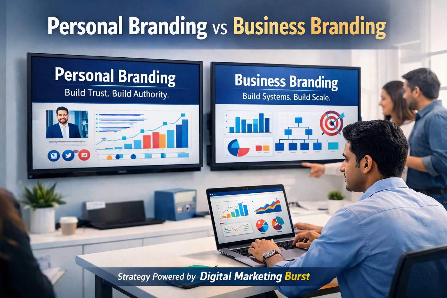 Personal Branding Digital Marketing vs Business Branding Strategy Personal branding in digital marketing and business branding digital marketing strategy comparison showing brand growth strategies and online positioning techniques by Digital Marketing Burst