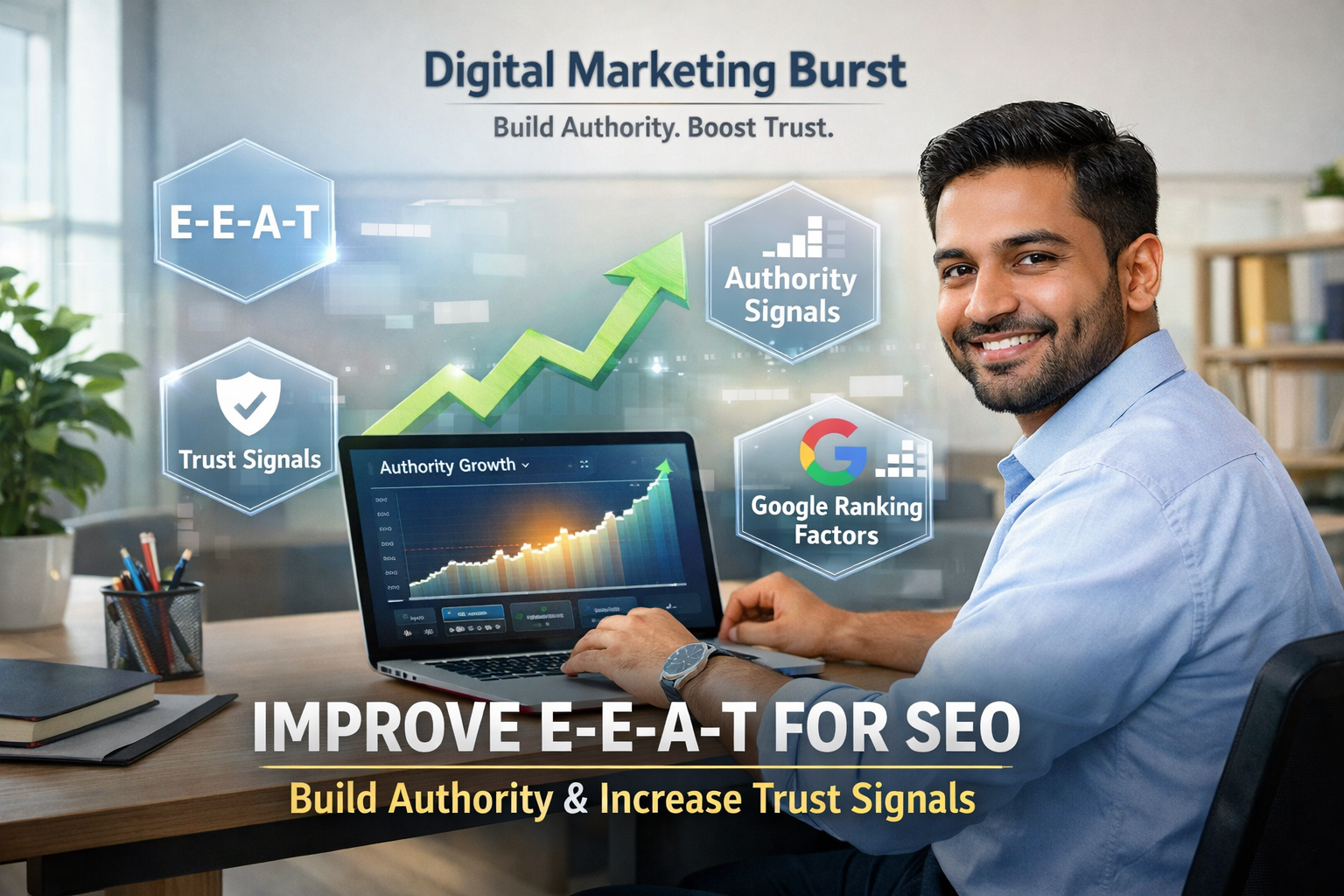 Improve E-E-A-T for SEO Google ranking factors authority trust signals Improve E-E-A-T for SEO using Google E-E-A-T ranking factors to build website authority signals and increase website trust signals with experience expertise authority trust