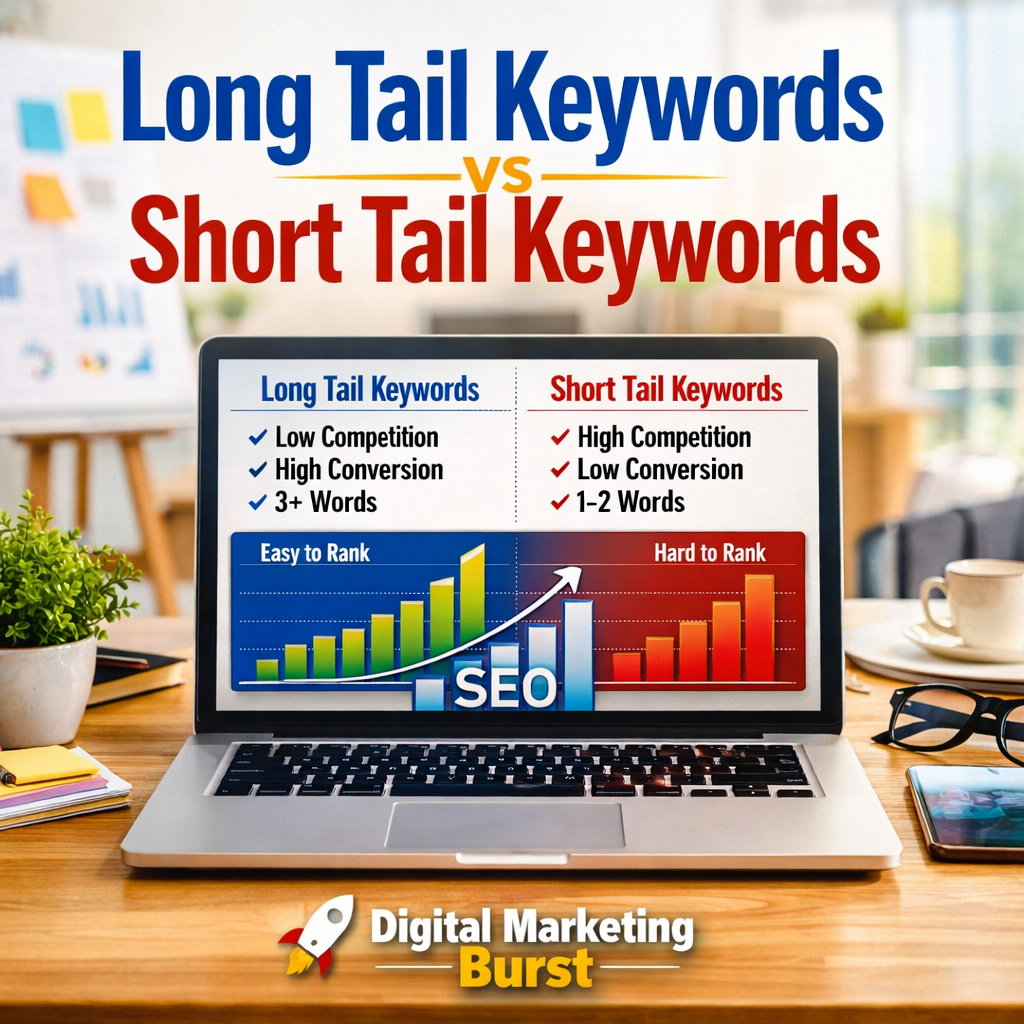 Long Tail Keywords vs Short Tail Keywords SEO comparison keyword strategy ranking guide digital marketing burst