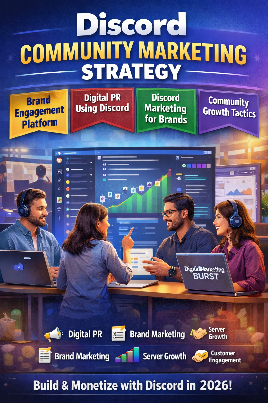 Discord Community Marketing Strategy, Discord Brand Engagement Platform, Digital PR Using Discord, Discord Marketing for Brands, Discord Community Growth Tactics | Digital Marketing Burst Discord community marketing strategy showing a discord brand engagement platform, digital PR using Discord, discord marketing for brands and discord community growth tactics by Digital Marketing Burst
