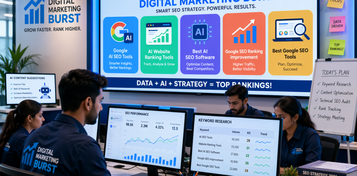 Google AI SEO tools and AI website ranking tools showing best AI SEO software, Google SEO ranking improvement and best Google SEO tools by Digital Marketing Burst