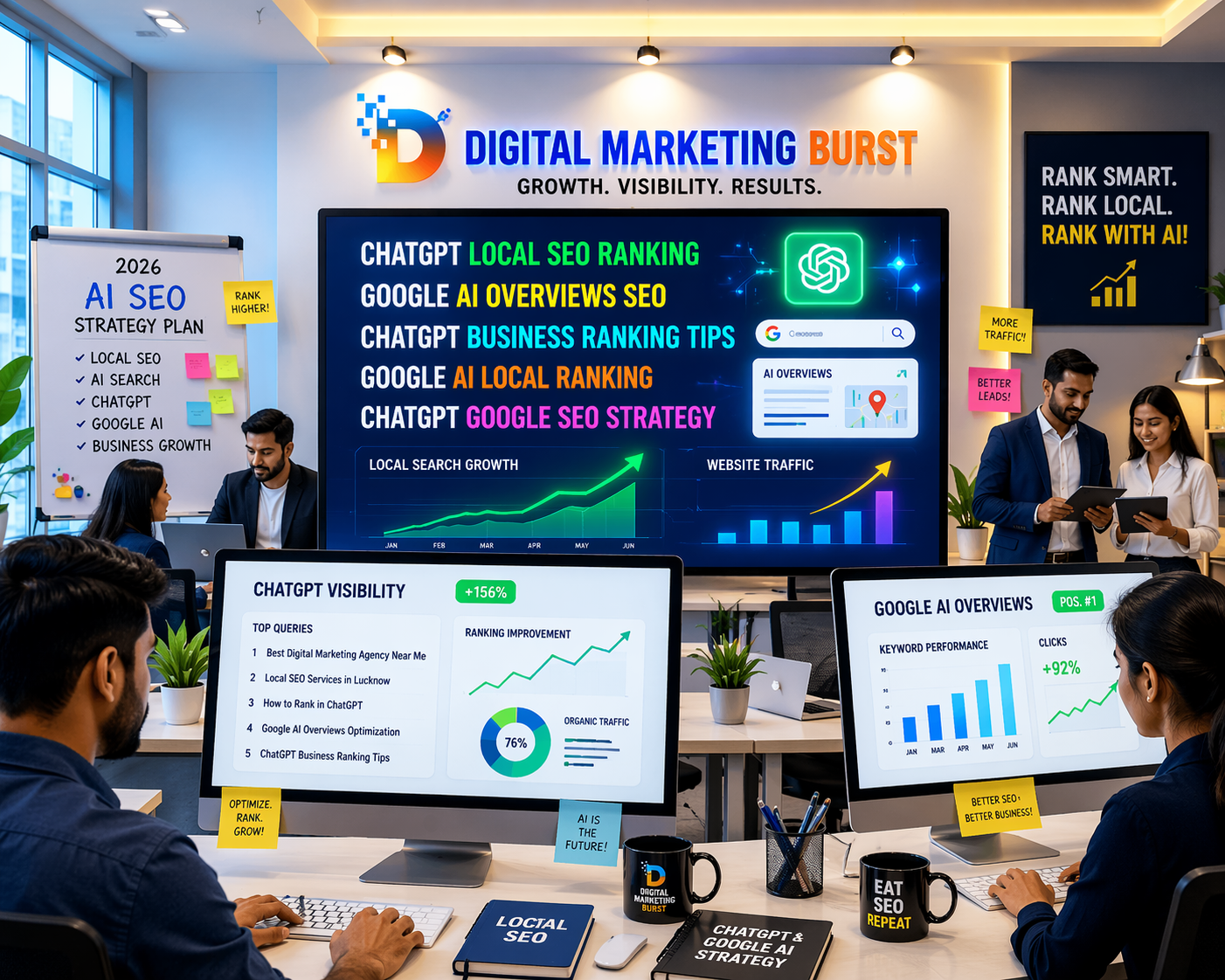 ChatGPT local SEO ranking and Google AI Overviews SEO showing ChatGPT business ranking tips, Google AI local ranking and ChatGPT Google SEO strategy by Digital Marketing Burst