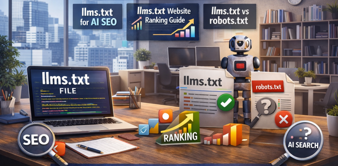What is llms.txt file, llms.txt for AI SEO, llms.txt website ranking guide, llms.txt vs robots.txt, llms.txt for website SEO in modern office by Digital Marketing Burst