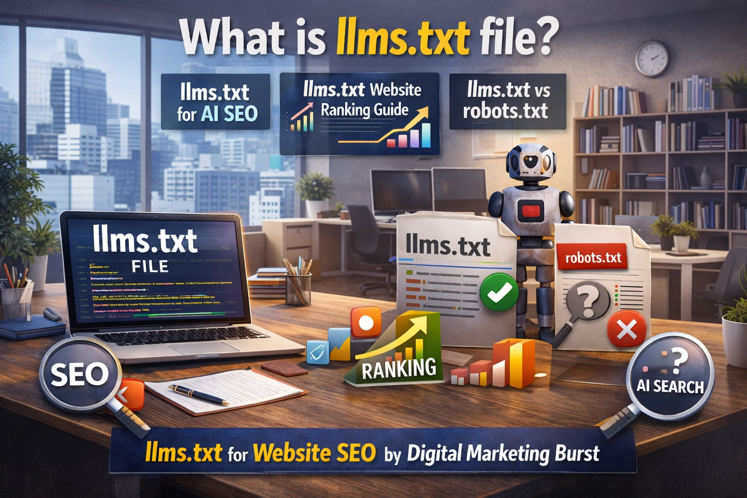 What is llms.txt file, llms.txt for AI SEO, llms.txt website ranking guide, llms.txt vs robots.txt, llms.txt for website SEO in modern office by Digital Marketing Burst