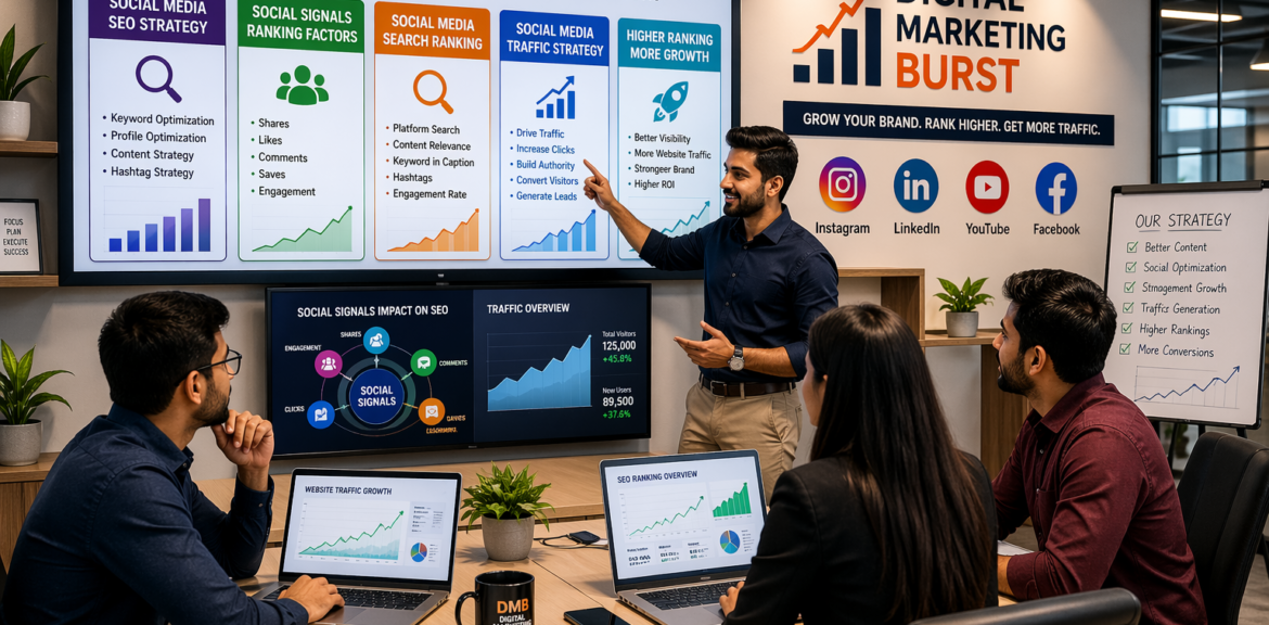 Social-First Ranking Strategies, social media SEO strategy, social signals ranking factors, social media search ranking and social media traffic strategy by Digital Marketing Burst