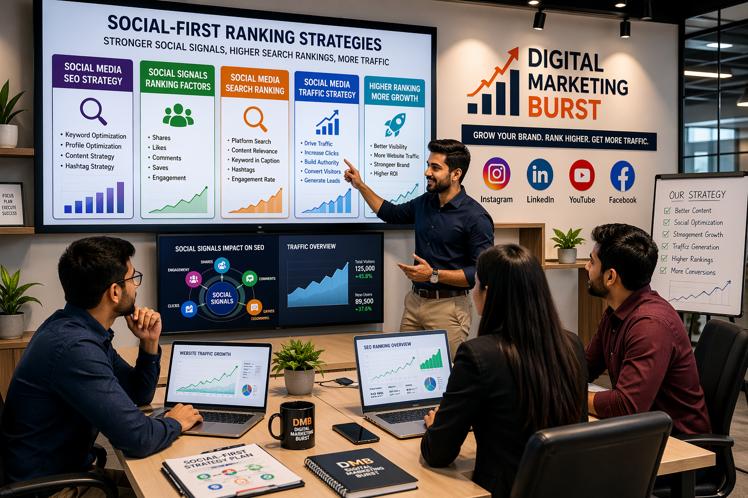 Social-First Ranking Strategies, social media SEO strategy, social signals ranking factors, social media search ranking and social media traffic strategy by Digital Marketing Burst