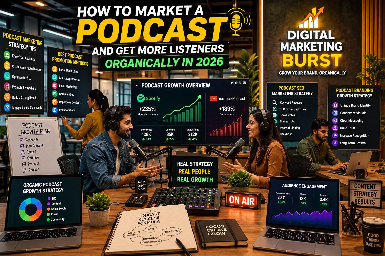 Podcast Marketing Strategy Tips Best Podcast Promotion Methods Organic Podcast Growth Strategy Podcast SEO Marketing Strategy office