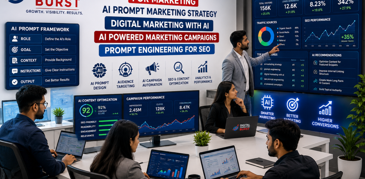Prompt Engineering For Marketing, AI Prompt Marketing Strategy, Digital Marketing With AI, AI Powered Marketing Campaigns, Prompt Engineering For SEO, AI marketing office workspace, Digital Marketing Burst