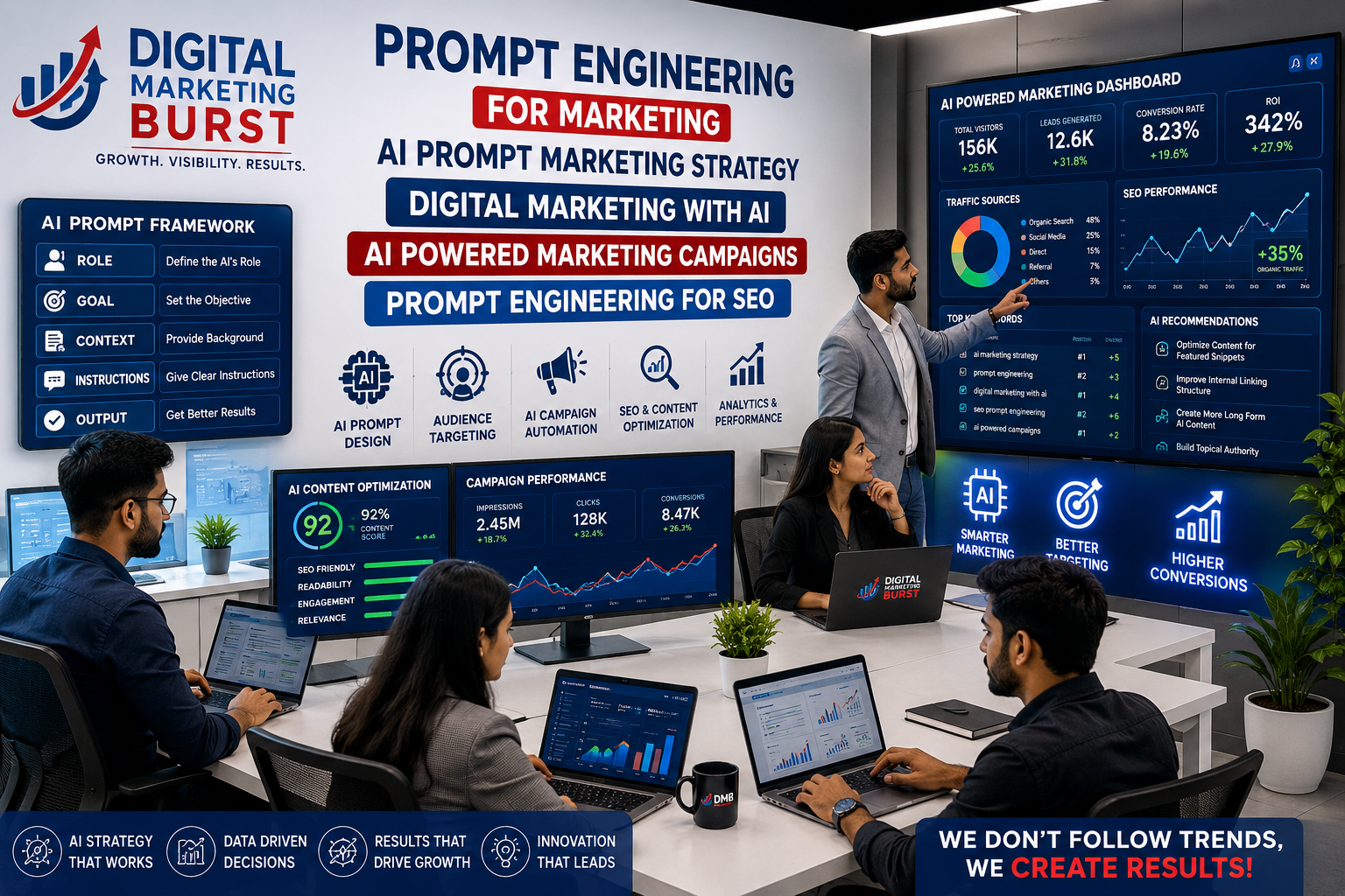 Prompt Engineering For Marketing, AI Prompt Marketing Strategy, Digital Marketing With AI, AI Powered Marketing Campaigns, Prompt Engineering For SEO, AI marketing office workspace, Digital Marketing Burst