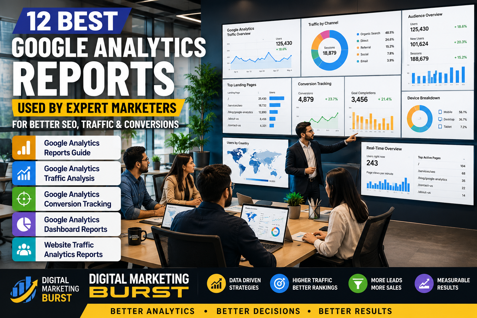 Google Analytics Reports Guide | Digital Marketing Burst Google Analytics Reports Guide, Google Analytics Traffic Analysis, Google Analytics Conversion Tracking, Google Analytics Dashboard Reports, Website Traffic Analytics Reports