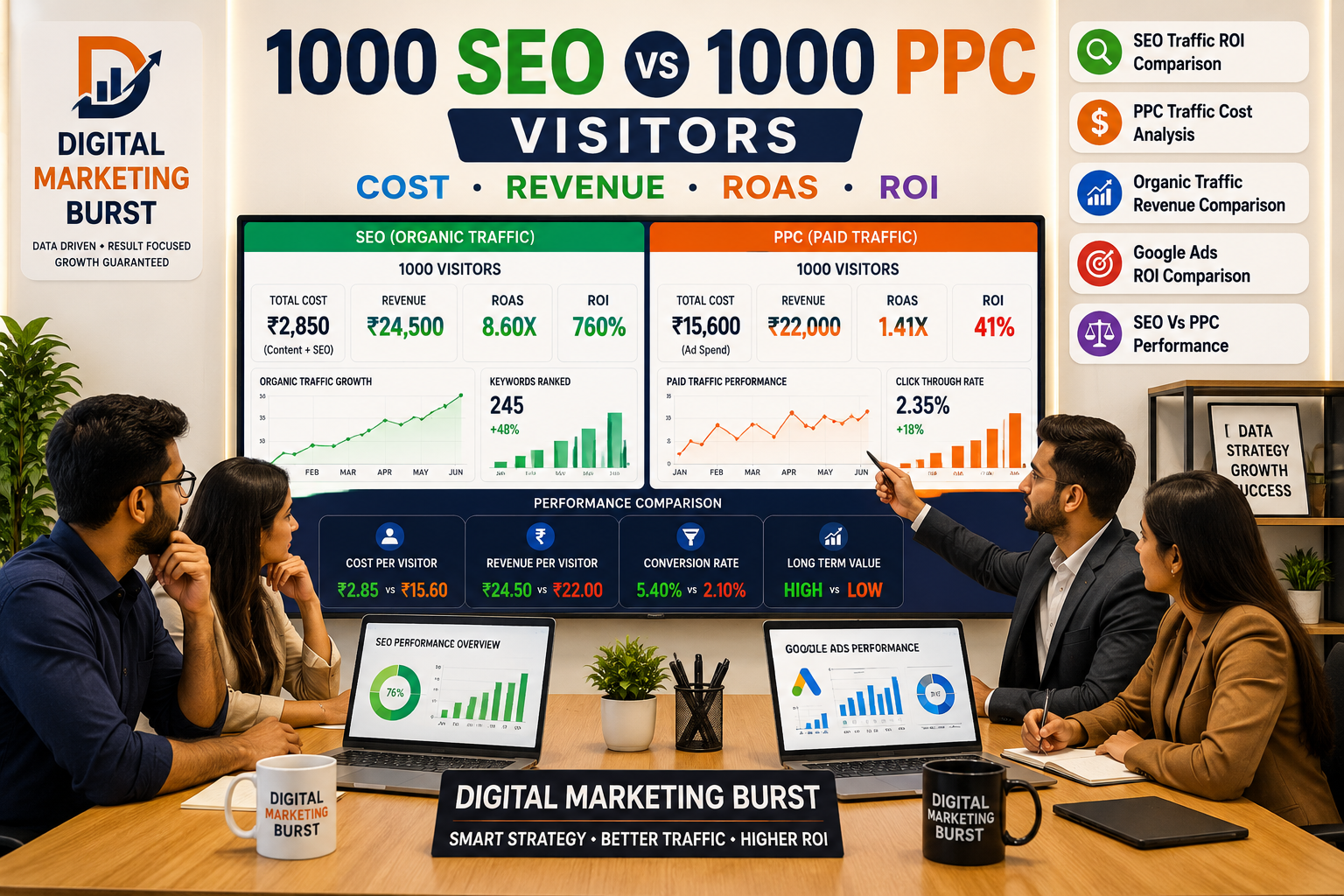 SEO Traffic ROI Comparison & Google Ads ROI Analysis | Digital Marketing Burst SEO Traffic ROI Comparison, PPC Traffic Cost Analysis, Organic Traffic Revenue Comparison, Google Ads ROI Comparison, SEO Vs PPC Performance