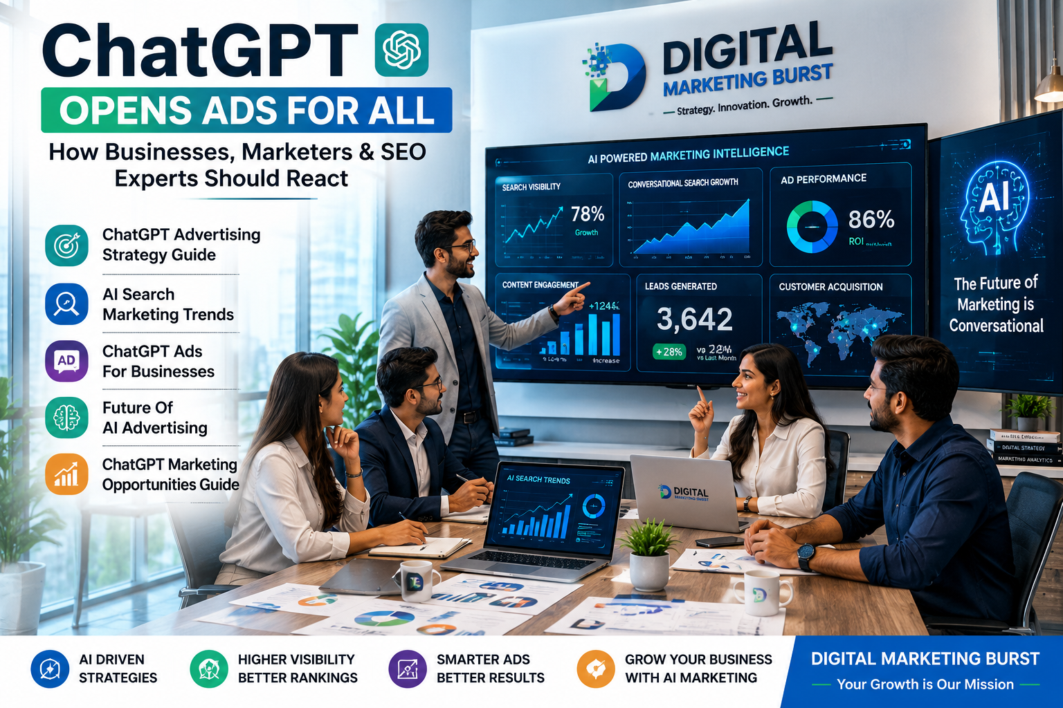 ChatGPT Advertising Strategy Guide, AI Search Marketing Trends, ChatGPT Ads For Businesses, Future Of AI Advertising, ChatGPT Marketing Opportunities Guide by Digital Marketing Burst