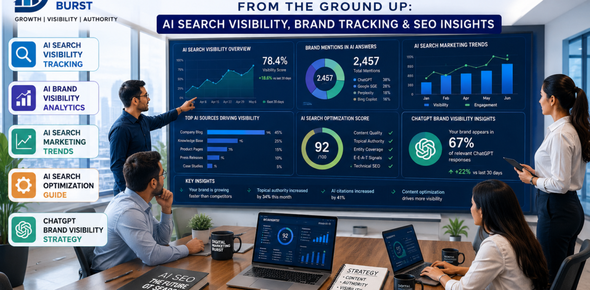 AI Search Visibility Tracking dashboard showing AI Brand Visibility Analytics, AI Search Marketing Trends, AI Search Optimization Guide and ChatGPT Brand Visibility Strategy in a modern office environment