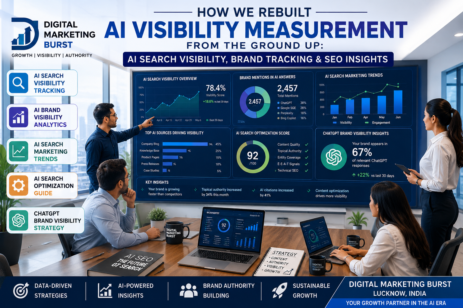 AI Search Visibility Tracking dashboard showing AI Brand Visibility Analytics, AI Search Marketing Trends, AI Search Optimization Guide and ChatGPT Brand Visibility Strategy in a modern office environment