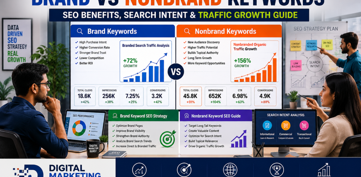 Brand vs Nonbrand Keywords dashboard showing Branded Search Traffic Analysis, Nonbranded Organic Traffic Growth, Brand Keyword SEO Strategy, Nonbrand Keyword SEO Guide in a modern office environment